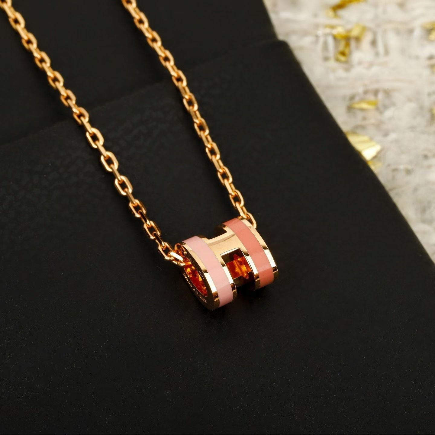 Hermès-Inspired “H” Pendant Necklace Barrel Enamel Design in Pink & White with Gold Chains