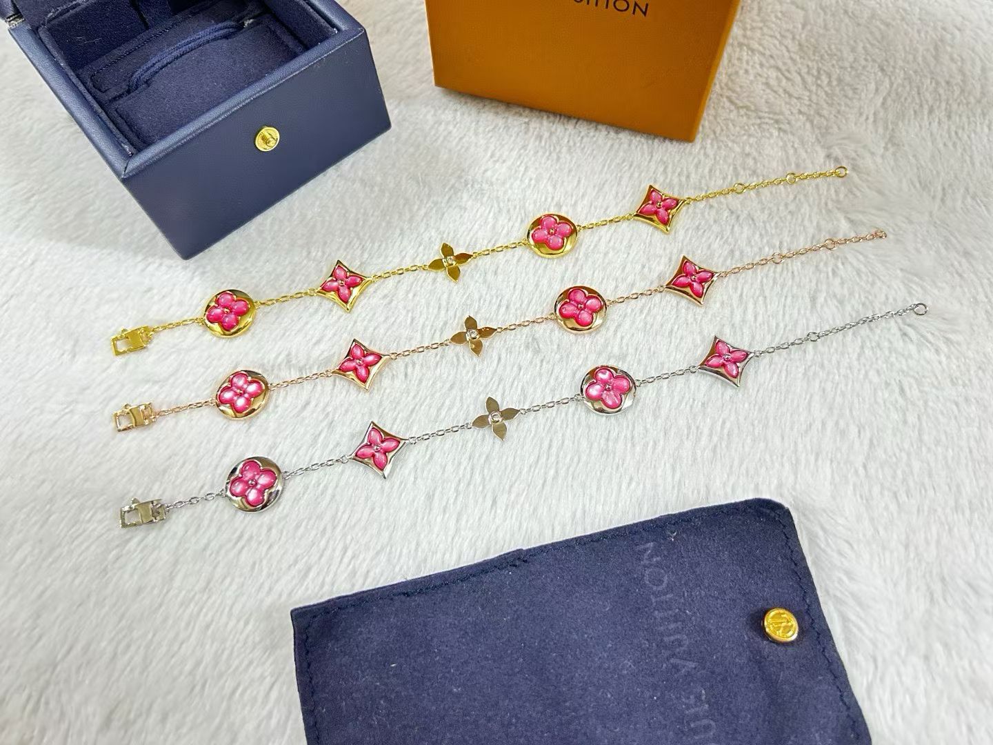 Louis Vuitton Clover Charm Bracelet – Monogram Motifs in Pink & Turquoise Enamel with Gold, Rose Gold & Silver Finishes