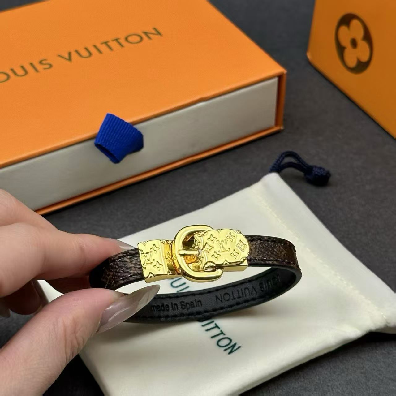 Louis Vuitton Double Buckle Leather Bracelet – Gold-Tone Monogram Clasp