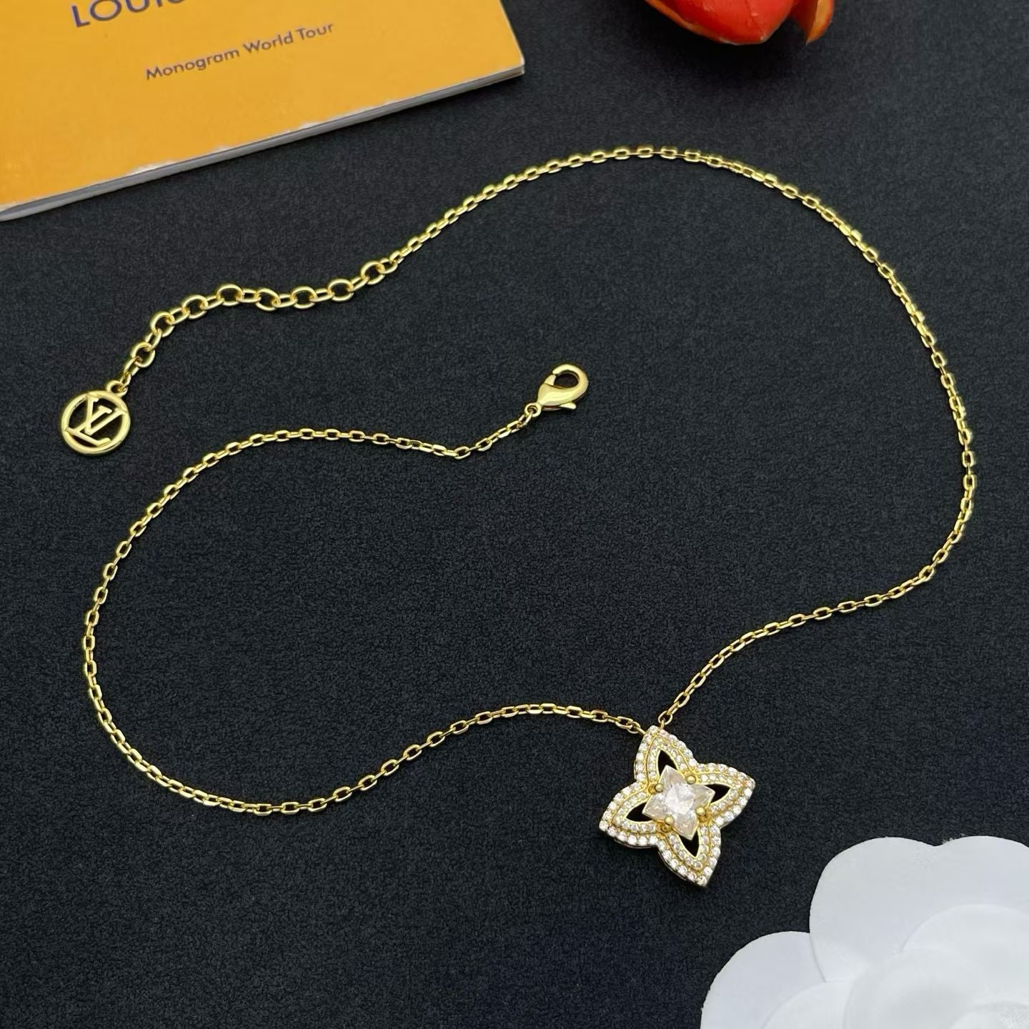 Louis Vuitton Flower Pendant Necklace – Gold & Silver with Sparkling Stones