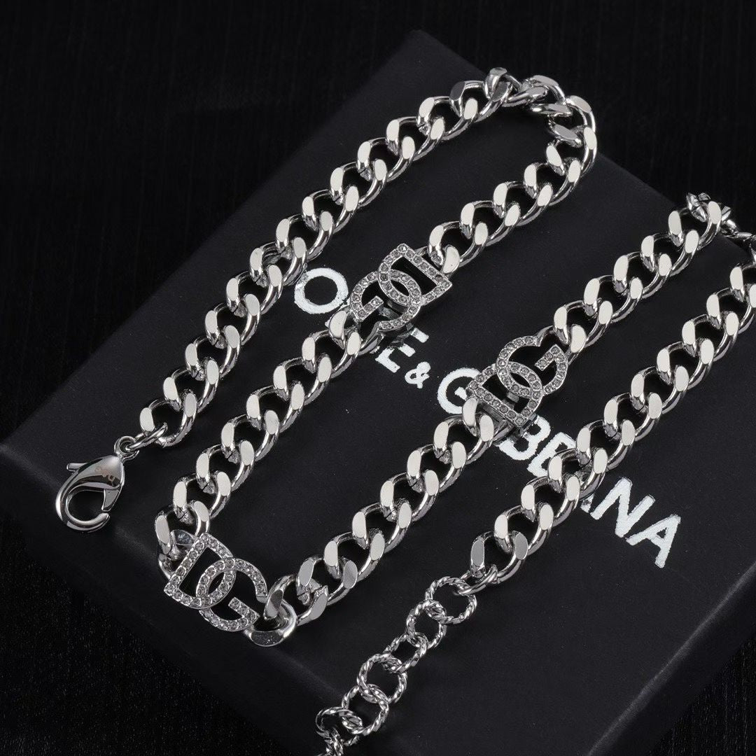 Silver DG Bracelet & Double G Necklace with Crystal Accents