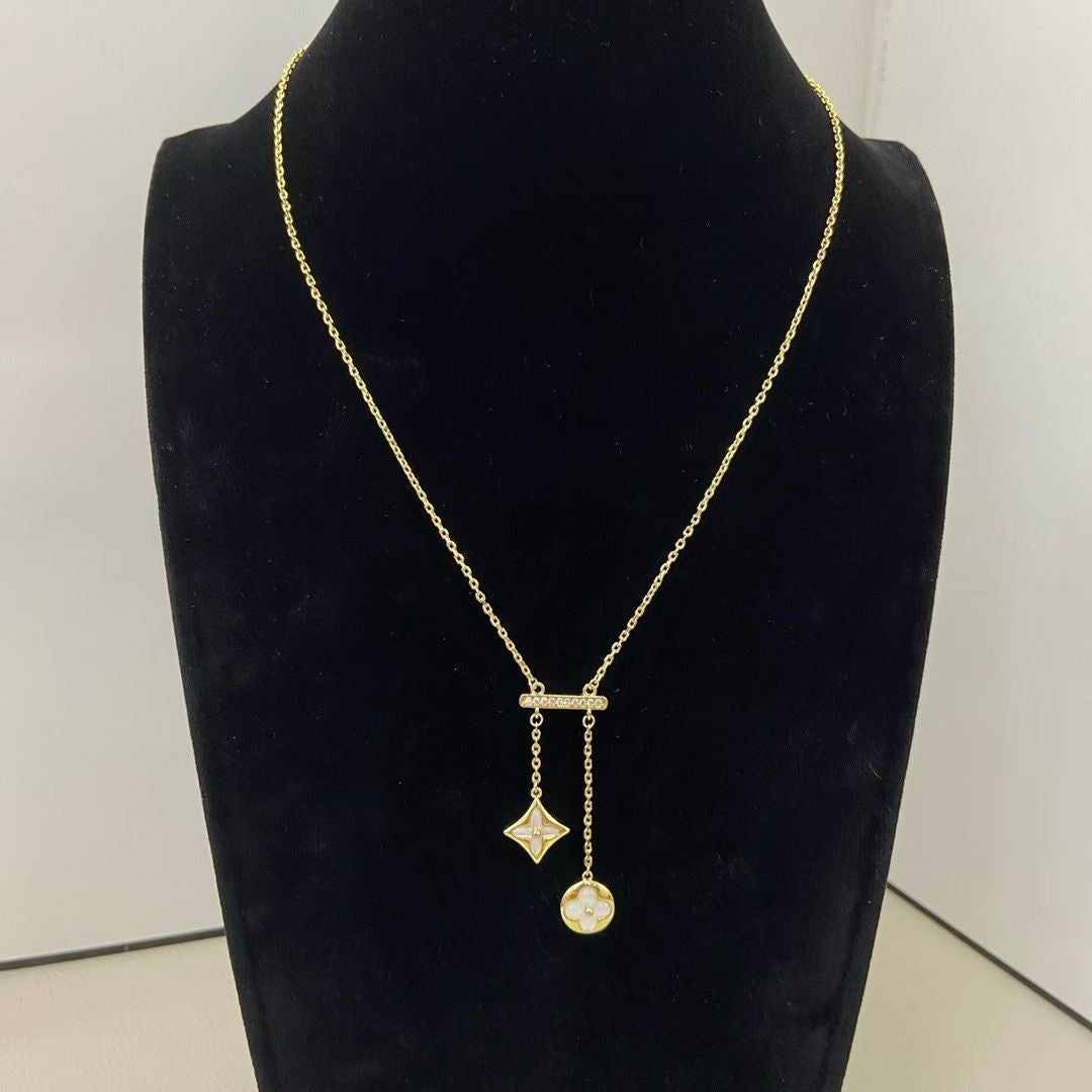 Louis Vuitton Geometric Pendant Necklaces – Crystal Bar with Diamond & Circle Drop Charms in Silver, Gold & Rose Gold