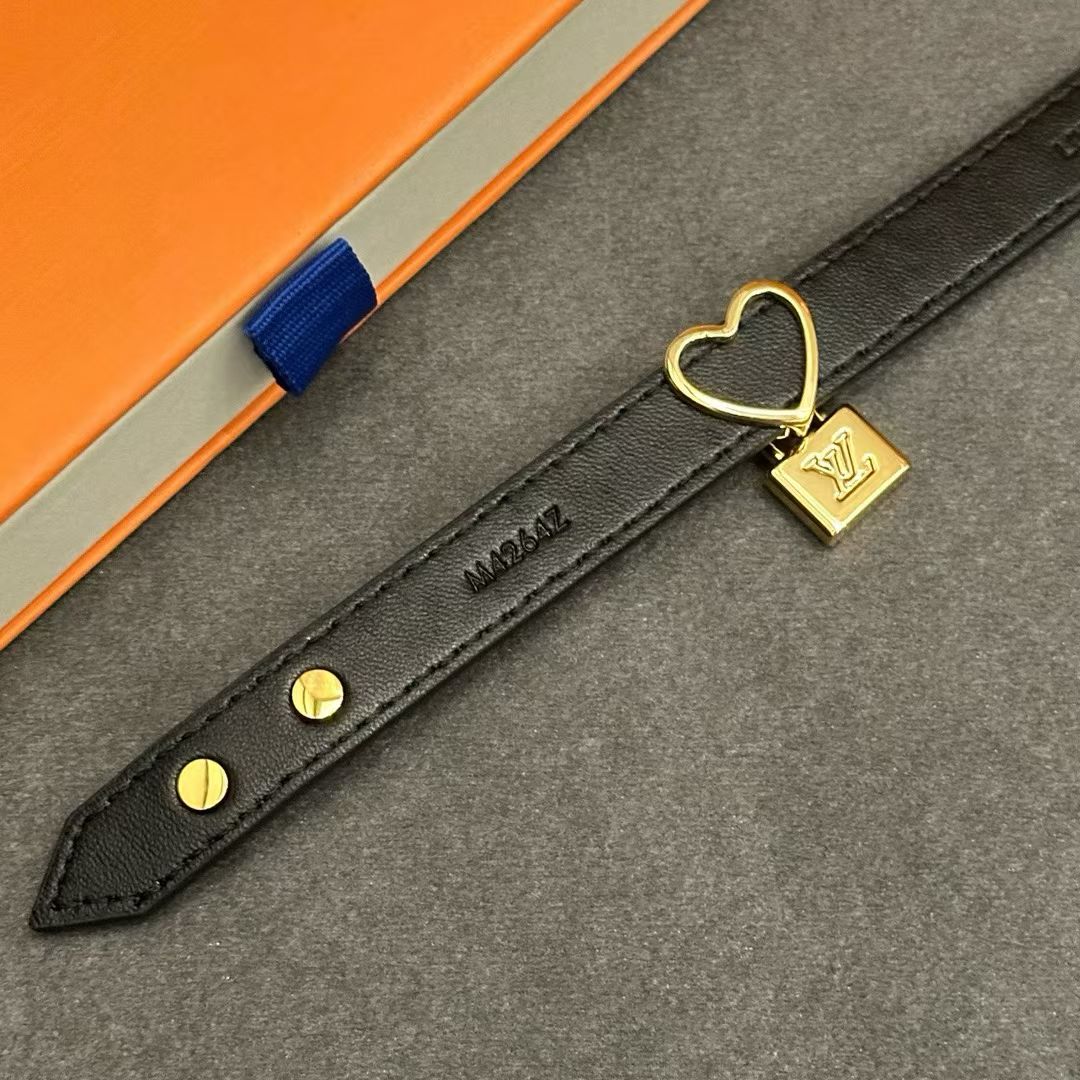 Louis Vuitton Black Leather Bracelet – Gold Heart & Padlock Charms with Embossed Branding