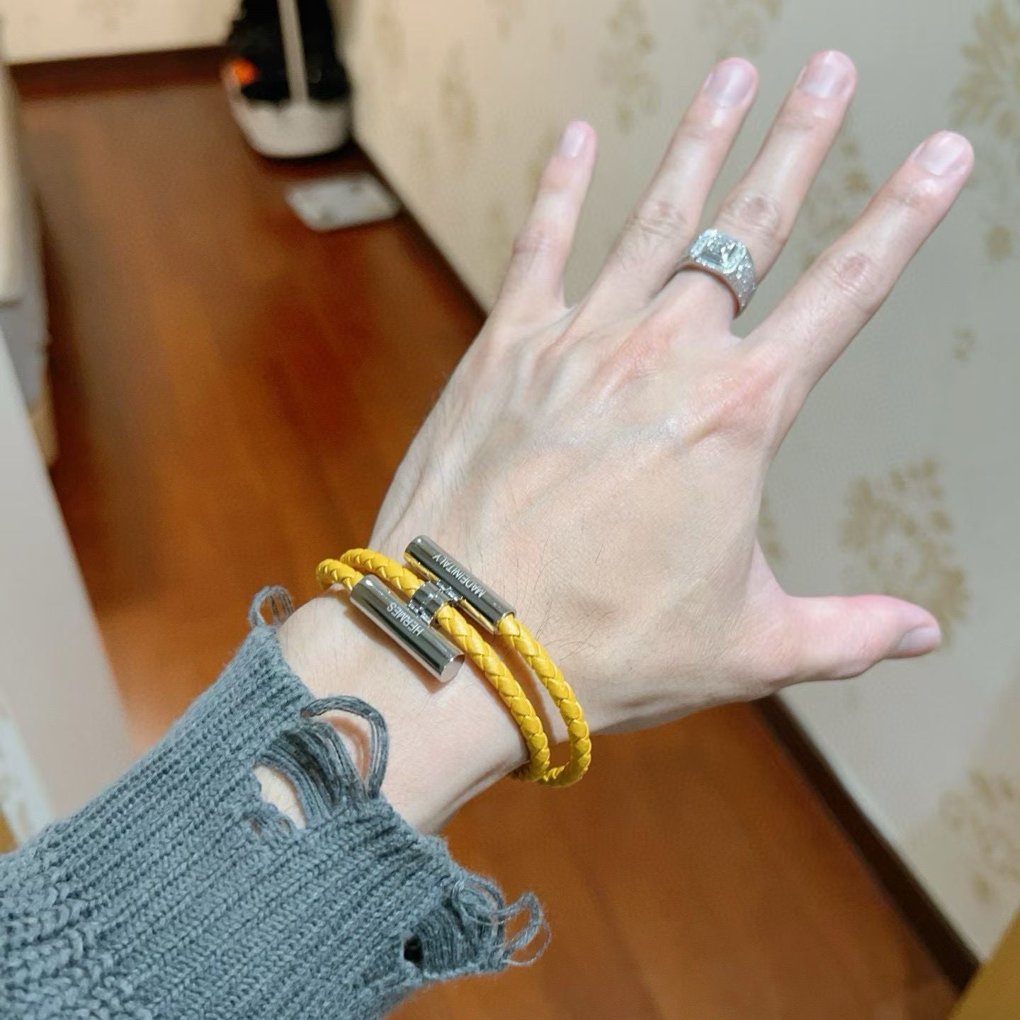 Hermès Tournis Tresse Bracelet Braided Leather with Engraved Metal Clasps