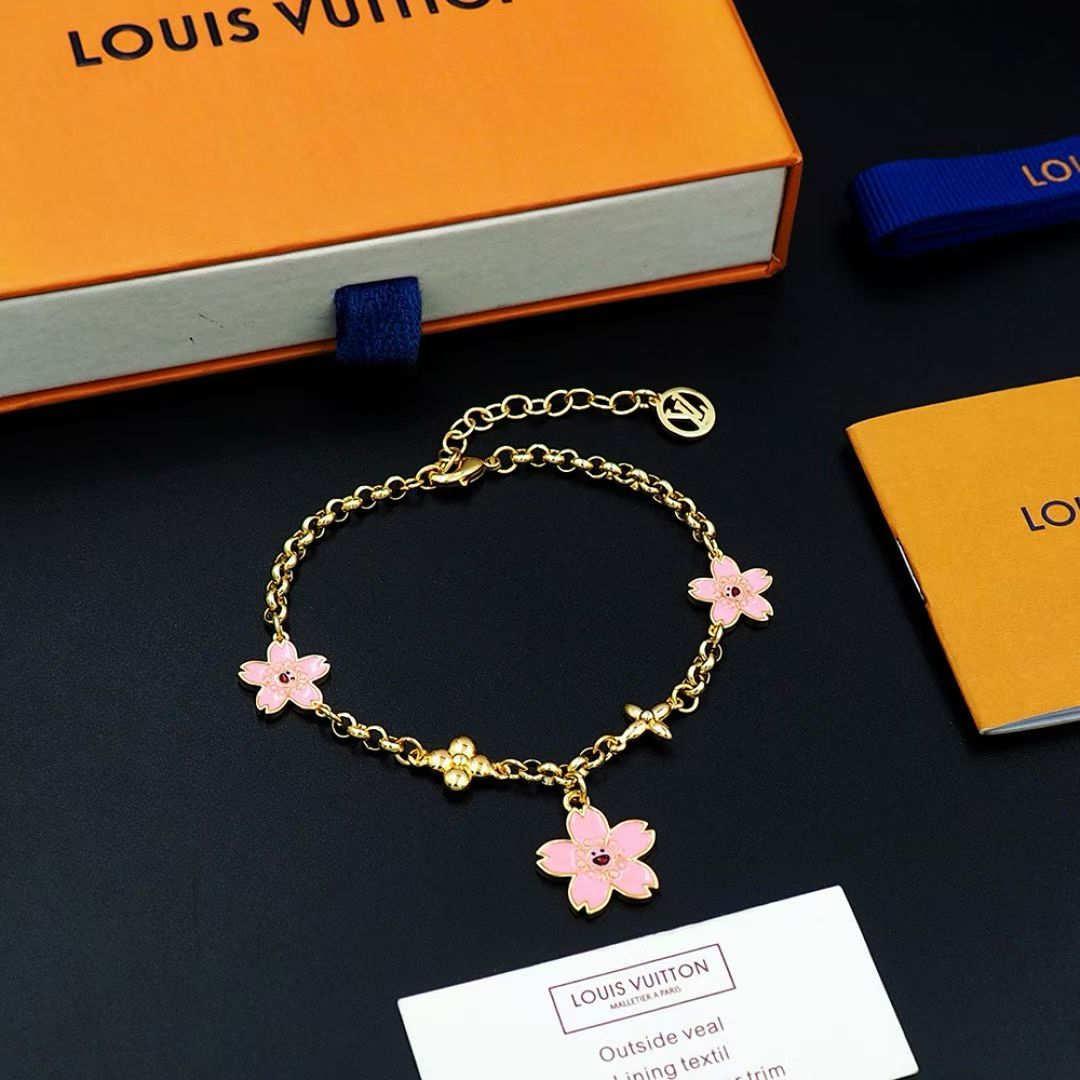 Louis Vuitton Pink Flower Charm Jewelry Set – Gold-Tone Necklace & Bracelet Duo