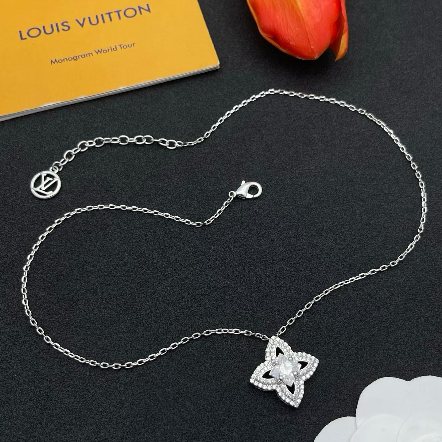 Louis Vuitton Flower Pendant Necklace – Gold & Silver with Sparkling Stones