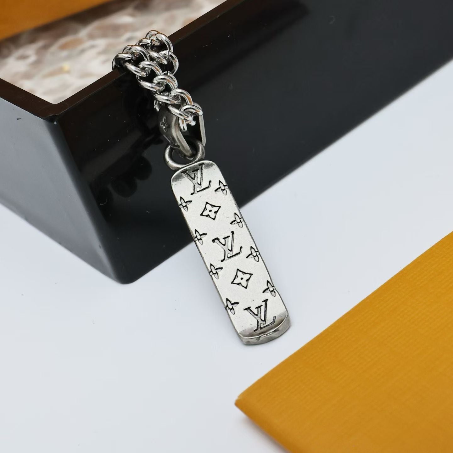 Louis Vuitton Silver Chain Necklace LV Logo Pendant with Engraved Tag