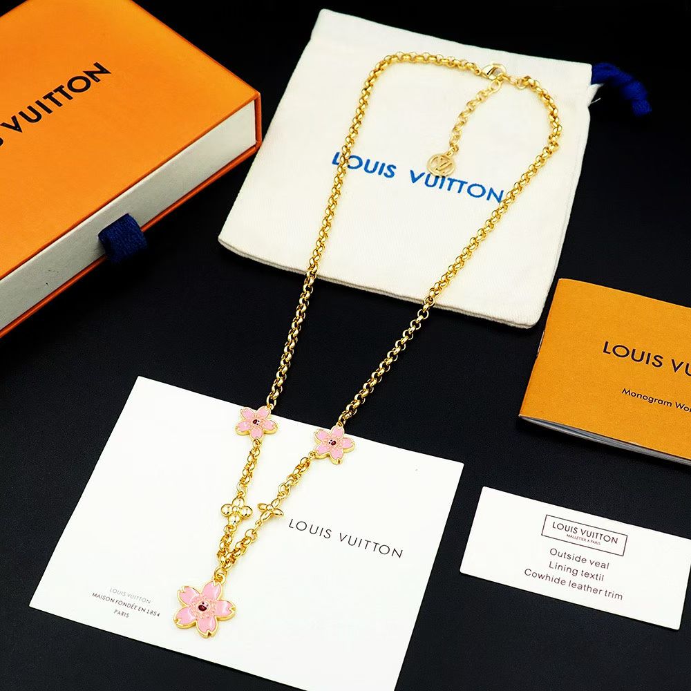 Louis Vuitton Pink Flower Charm Jewelry Set – Gold-Tone Necklace & Bracelet Duo