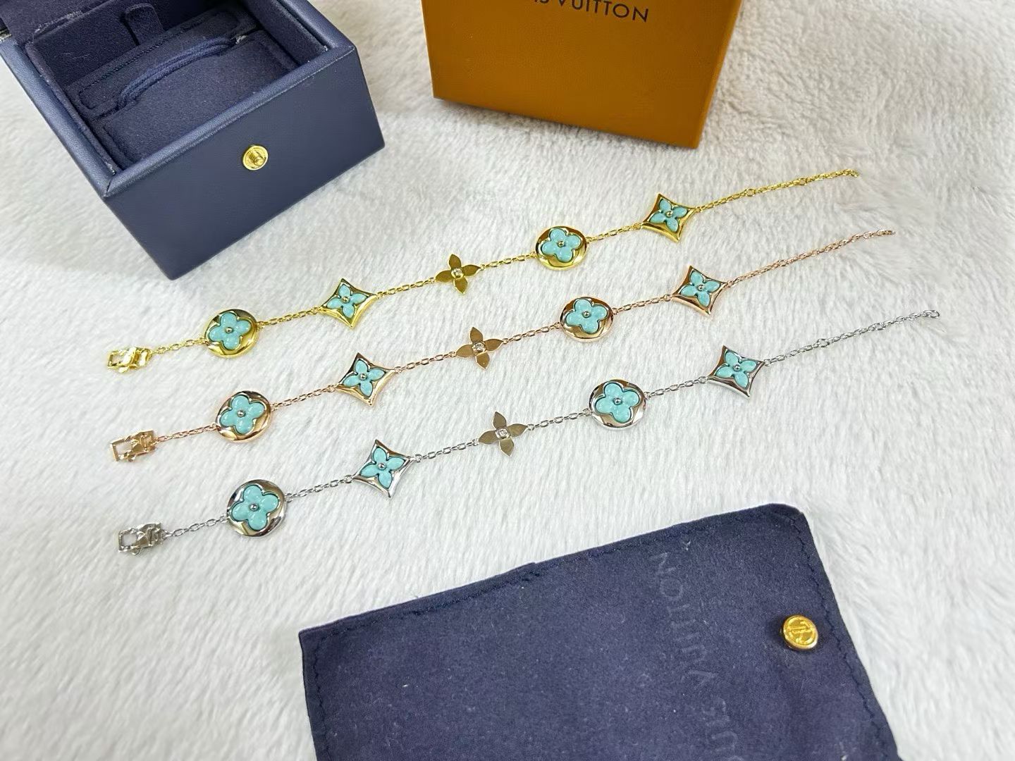 Louis Vuitton Clover Charm Bracelet – Monogram Motifs in Pink & Turquoise Enamel with Gold, Rose Gold & Silver Finishes