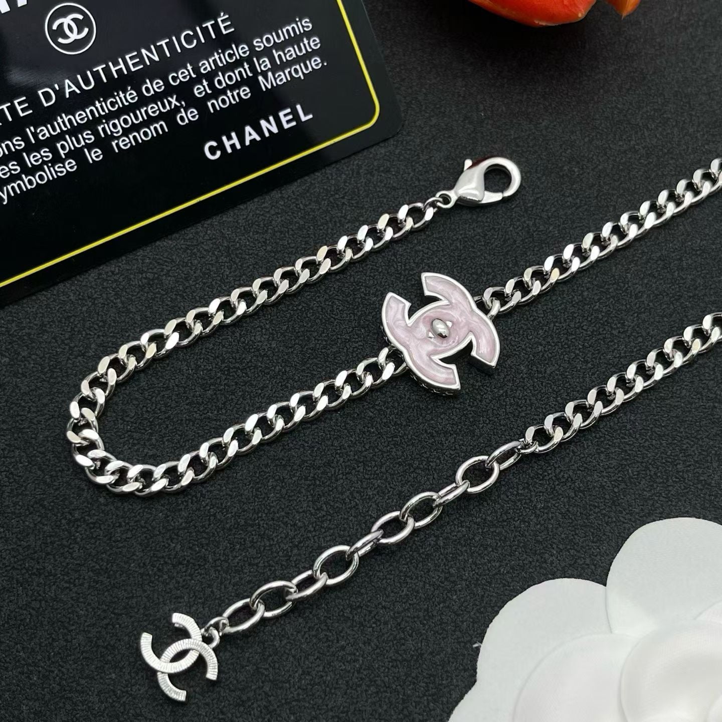 Chanel Interlocking CC Logo Necklace Silver & Gold Curb Chain with Adjustable Charm