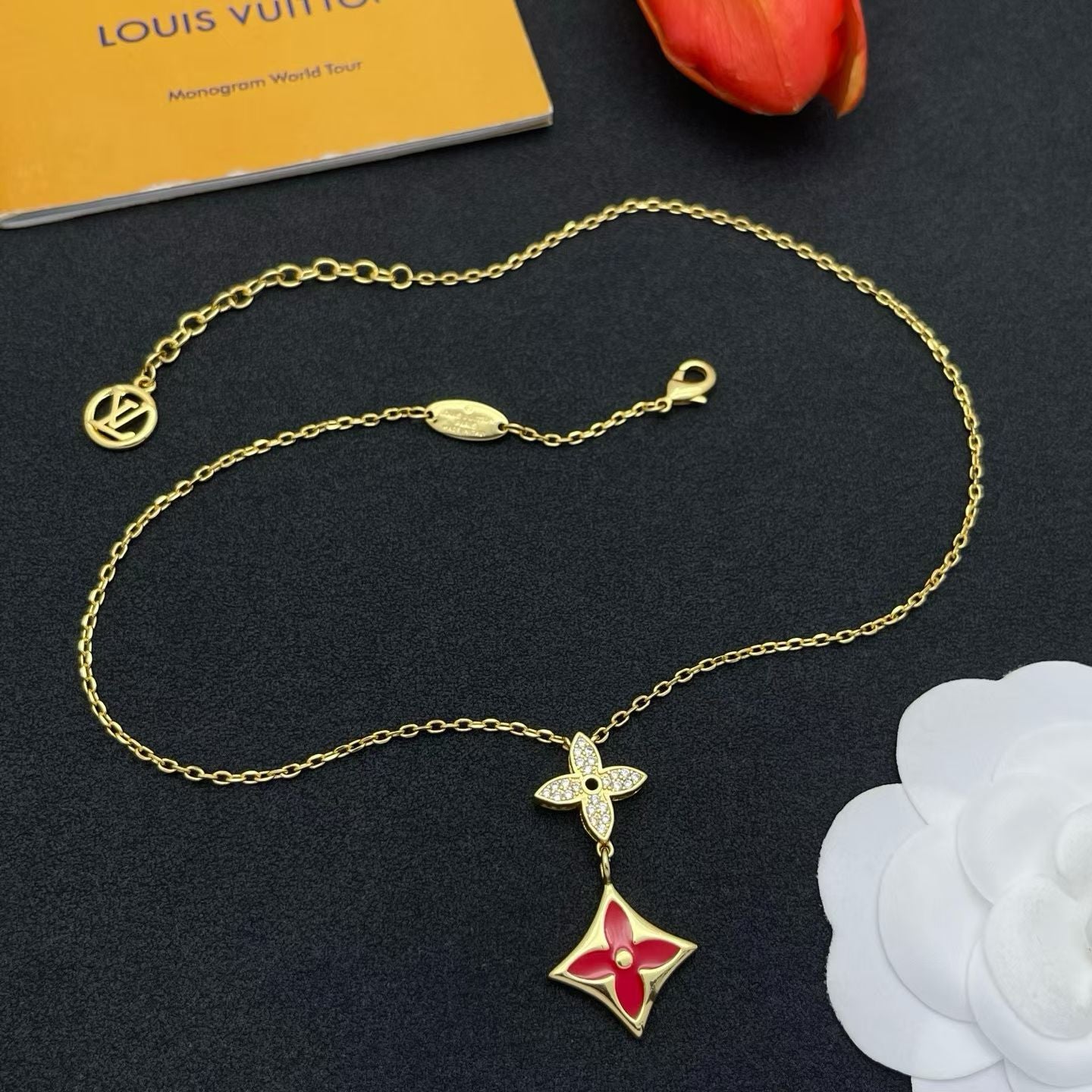 Louis Vuitton Monogram Clover Necklace – Gold & Silver Chains with Red, Blue, Yellow & White Accents
