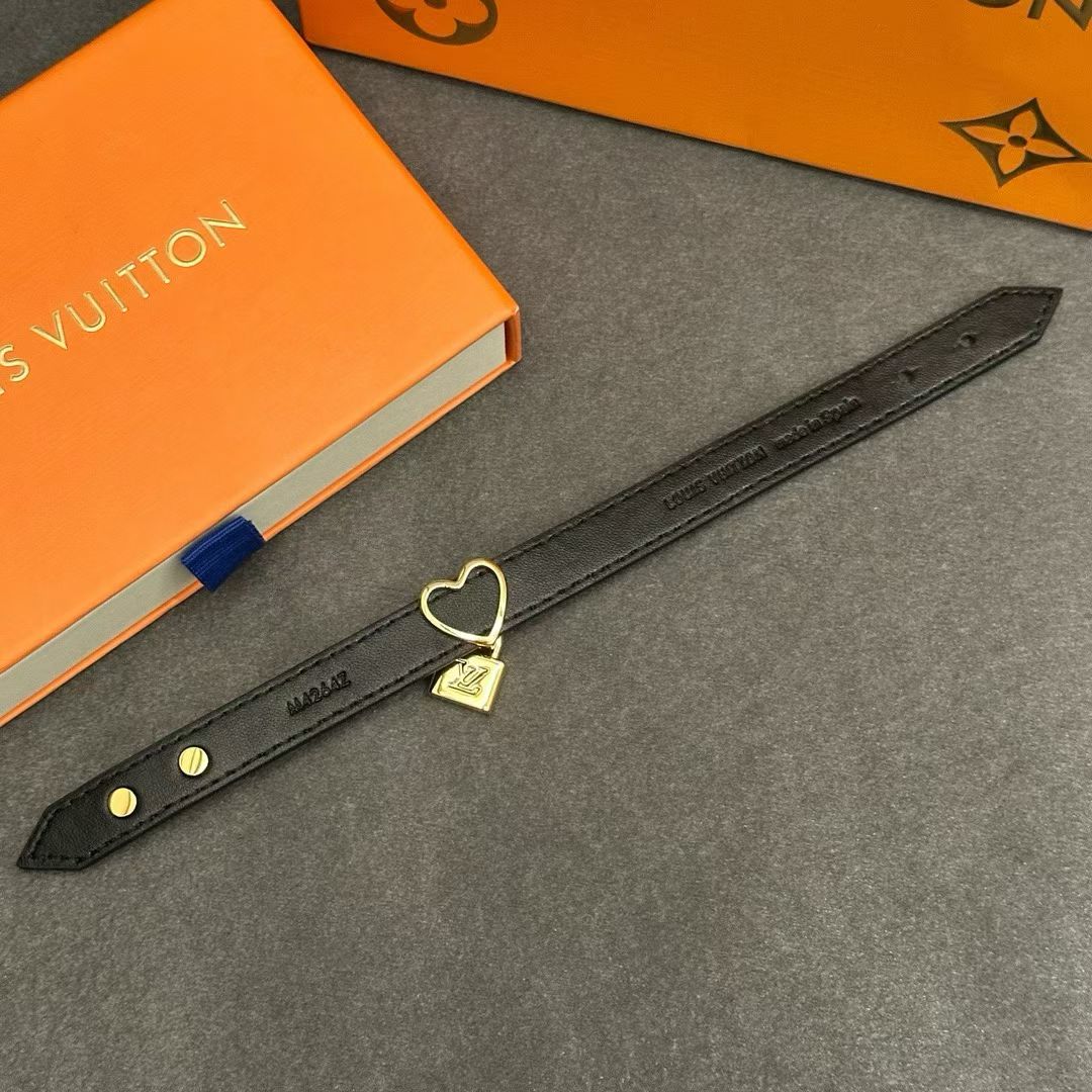 Louis Vuitton Black Leather Bracelet – Gold Heart & Padlock Charms with Embossed Branding