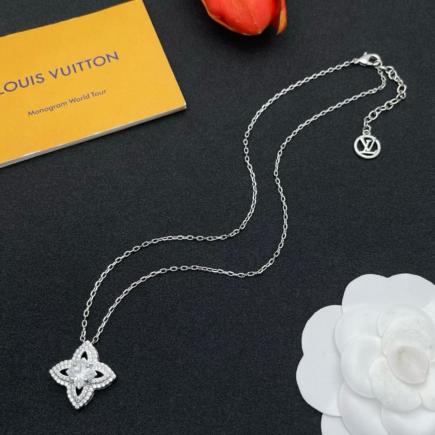 Louis Vuitton Flower Pendant Necklace – Gold & Silver with Sparkling Stones