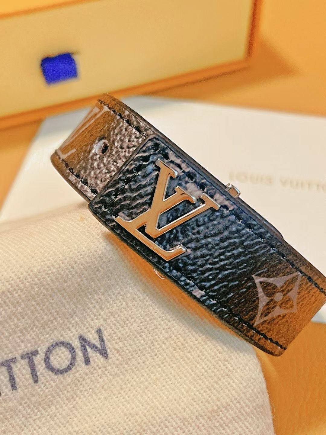 Louis Vuitton Brown Leather Bracelet Textured Band with Gold & Silver LV Logo