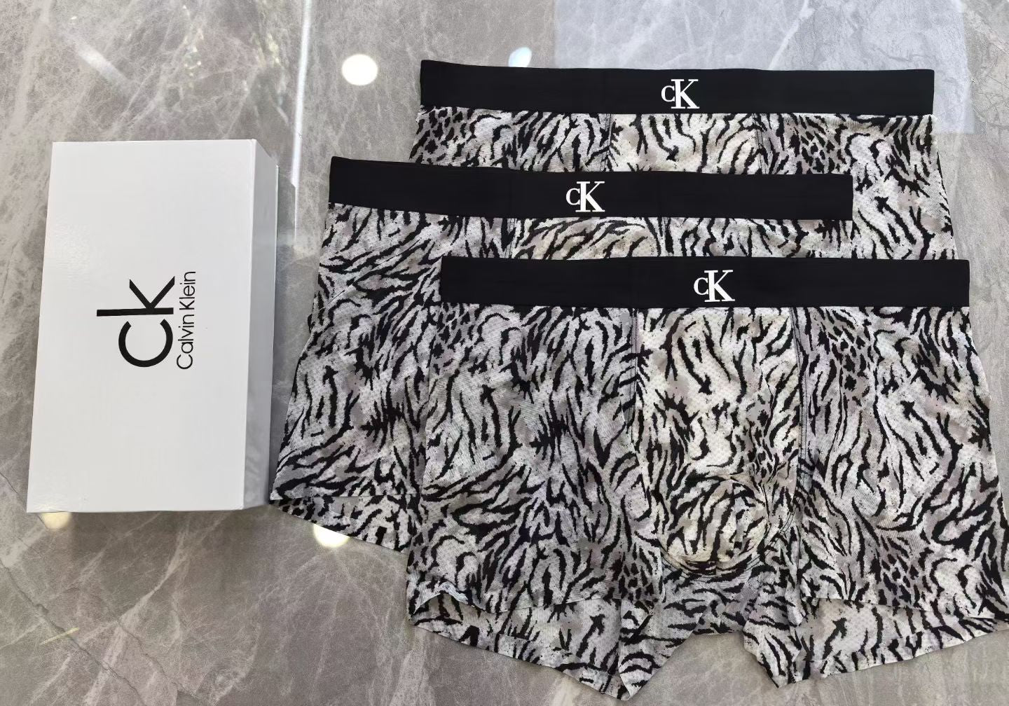 Calvin Klein Men’s Boxer Briefs – 3-Pack in Black & White Tiger Stripe with ck Logo Waistband