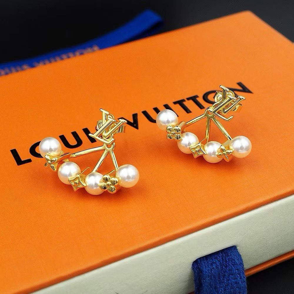 Louis Vuitton Gold Earrings Pearl Trio with Monogram Star & Flower Charms