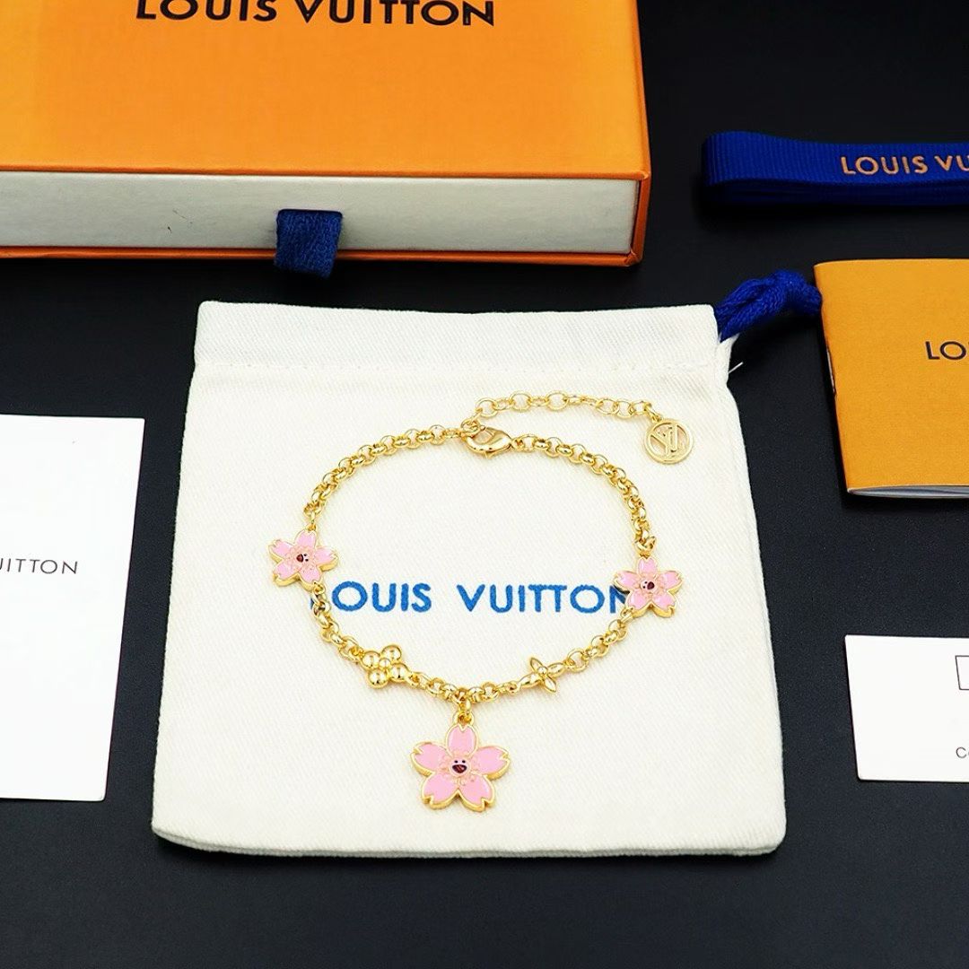 Louis Vuitton Pink Flower Charm Jewelry Set – Gold-Tone Necklace & Bracelet Duo