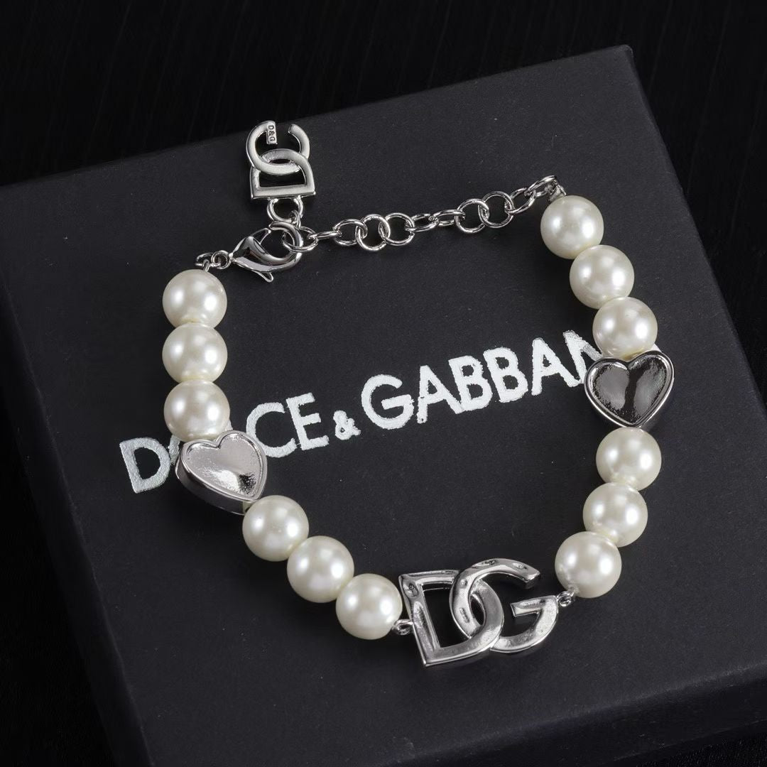 Dolce & Gabbana Pearl Charm Bracelet – White Pearls with Gold & Silver DG Logo and Hearts