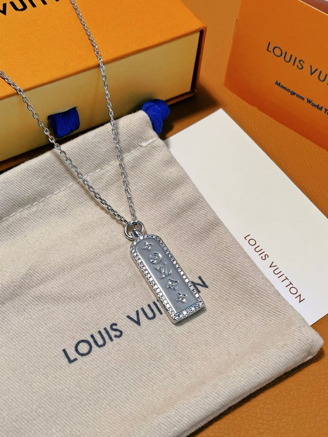 Louis Vuitton Monogram Frame Pendant Necklace Set – Gold & Silver with Crystal Border