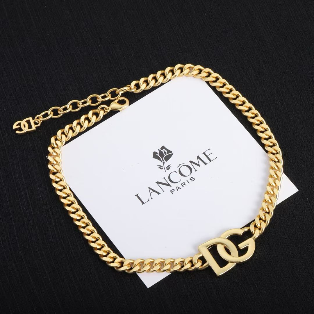 DG Gold Jewelry Set Curb Chain Necklace & Bracelet with Logo Charms