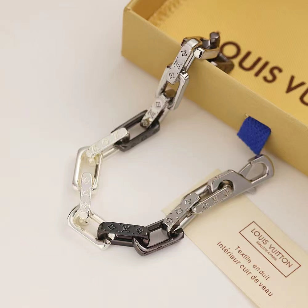 Louis Vuitton Mixed-Metal Chain Necklace – Silver, Gold & Black Links with LV Engraving