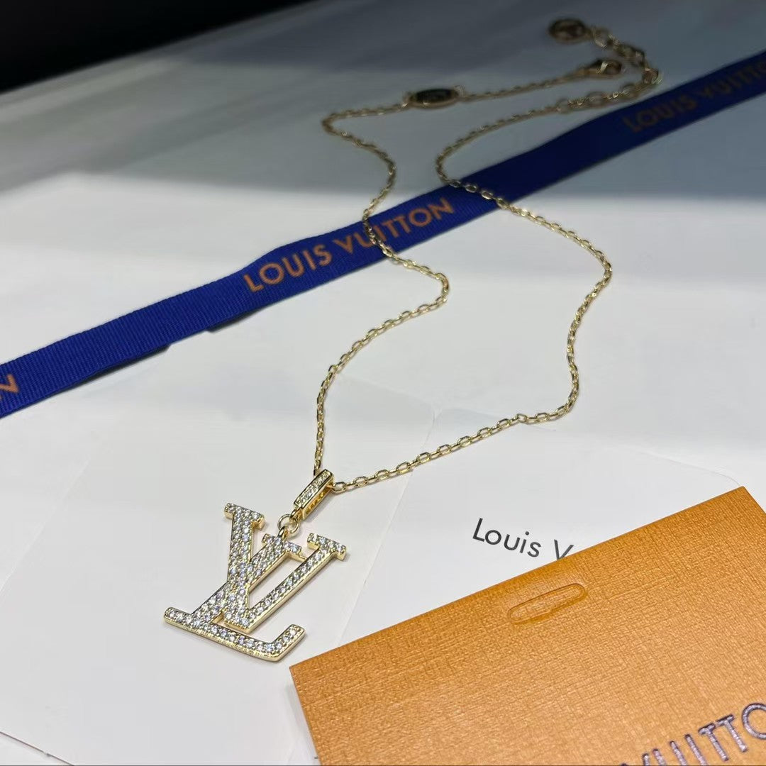 Louis Vuitton LV Pendant Necklace Trio – Gold & Silver Chains with Gem-Encrusted Logo Pendants