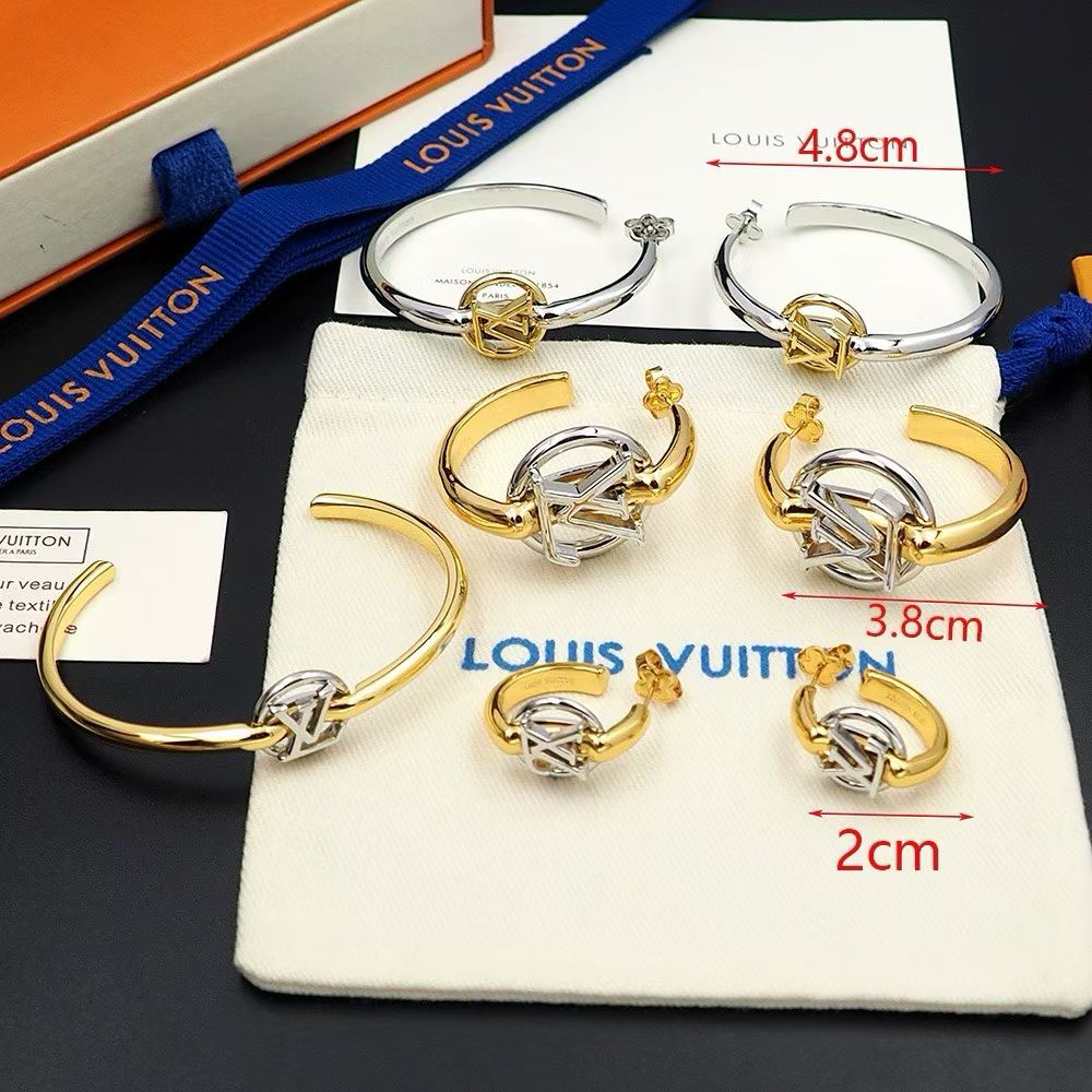 Louis Vuitton LV Hoop Earrings & Gold Bracelet Mixed Metal Designs in Gold & Silver