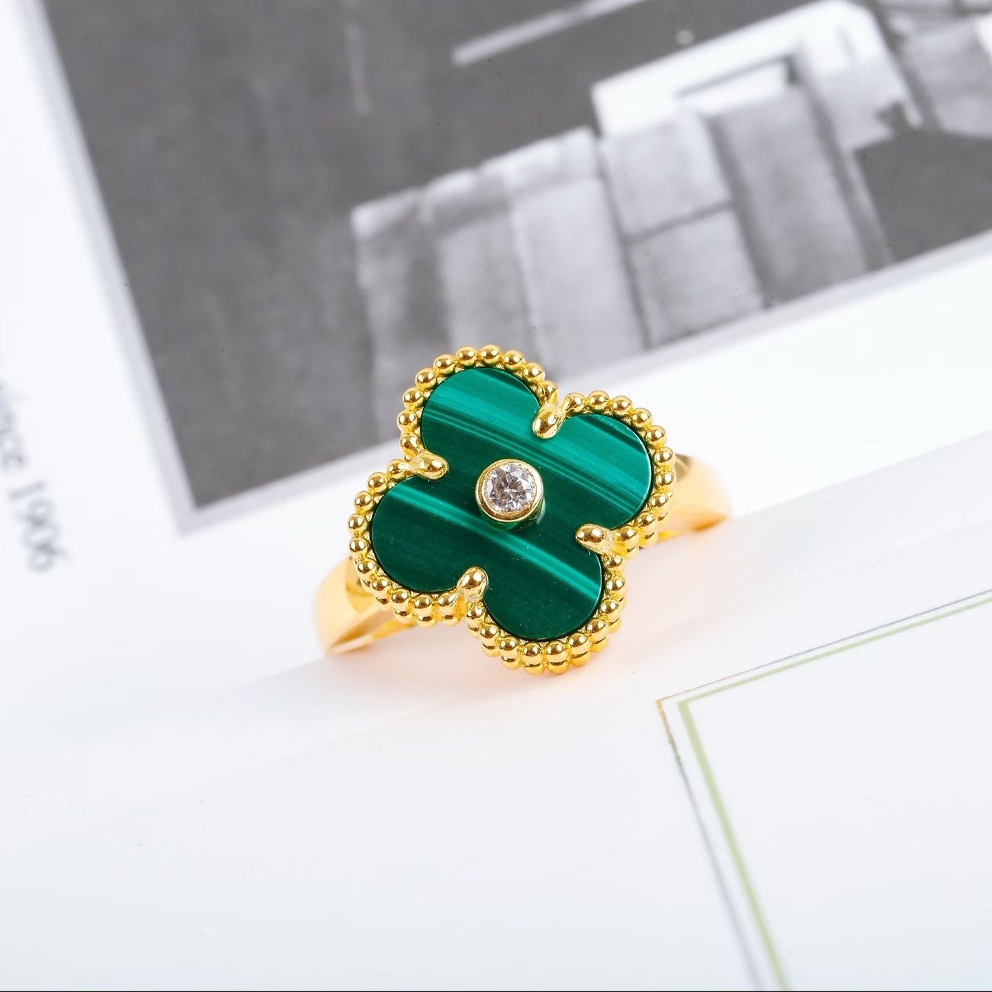 Van Cleef-Inspired Clover Ring Collection – Gold Bands with Colored Petals & Gem Centers