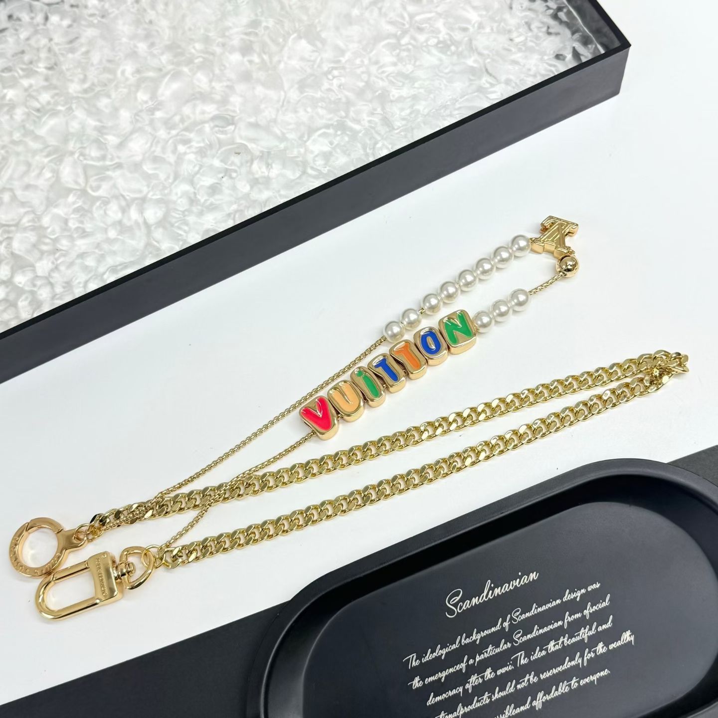 Louis Vuitton Statement Letter Necklace Duo – Black & Gold Chains with VUITTON Lettering & Logo Charms