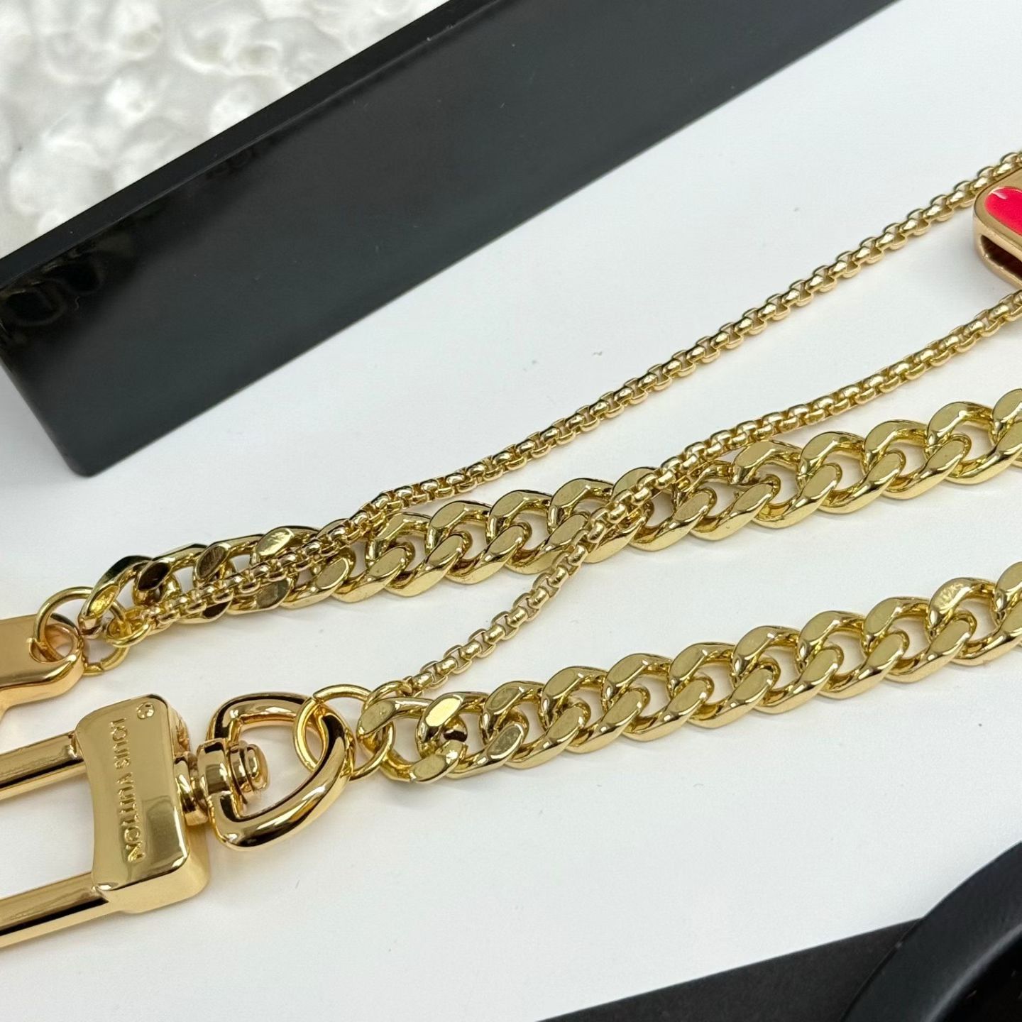 Louis Vuitton Statement Letter Necklace Duo – Black & Gold Chains with VUITTON Lettering & Logo Charms