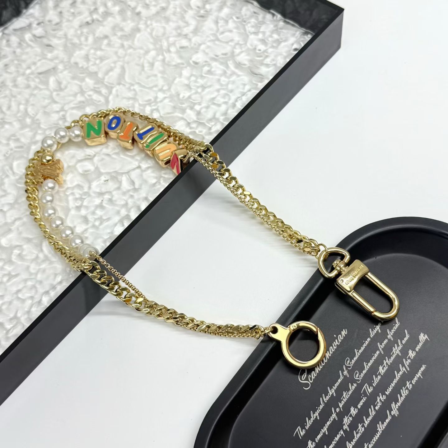 Louis Vuitton Statement Letter Necklace Duo – Black & Gold Chains with VUITTON Lettering & Logo Charms