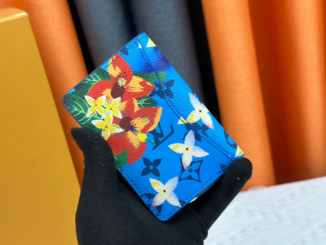 Louis Vuitton Floral Monogram Cardholder Blue Canvas with Cursive Branding