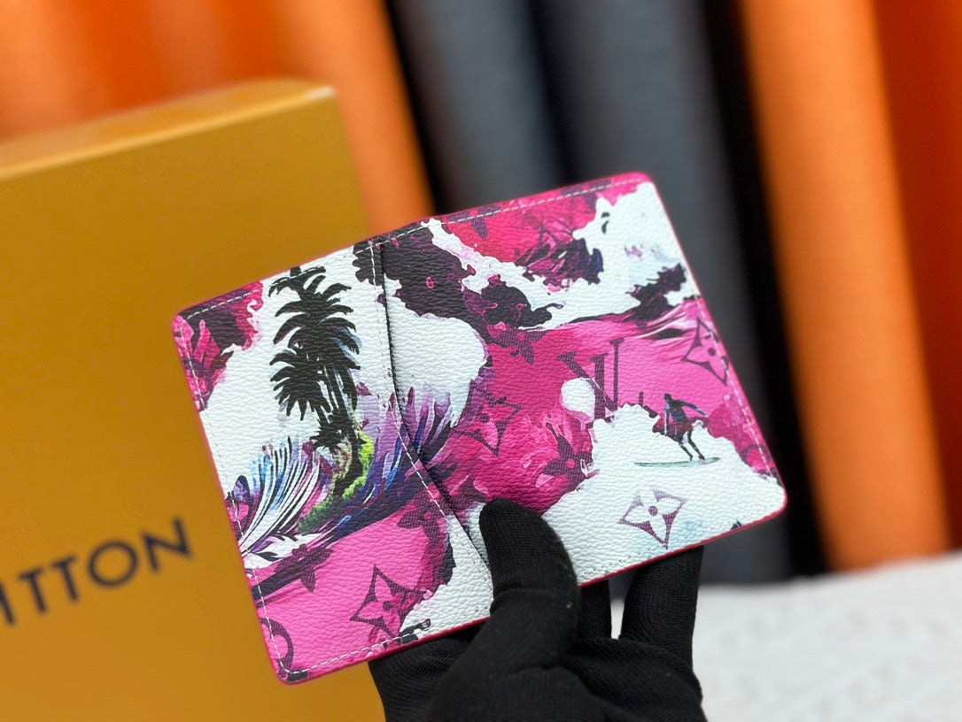 Louis Vuitton Compact Cardholder Tropical Abstract Design in Pink & Purple