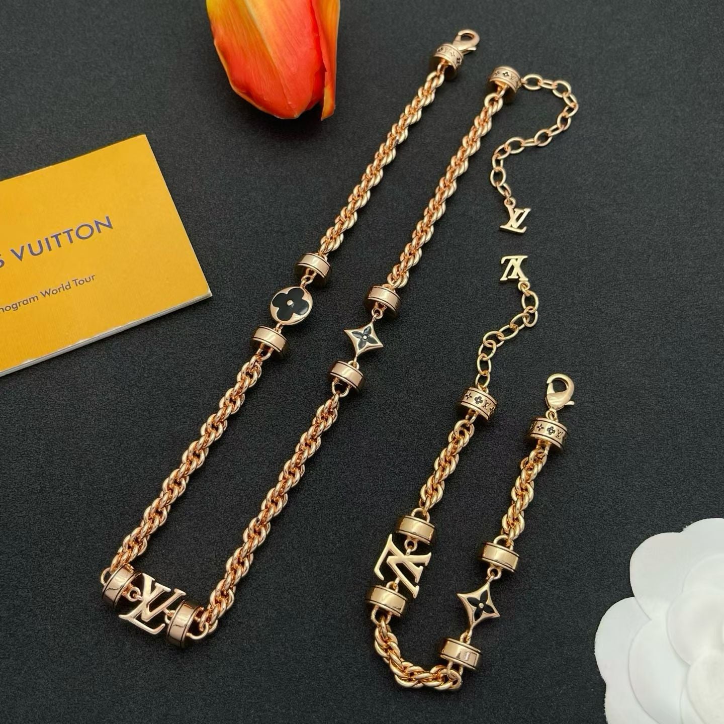 Louis Vuitton Necklace & Bracelet Set Monogram Charms