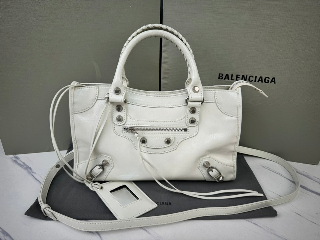 Balenciaga City Handbag White Leather with Braided Handle & Silver Hardware