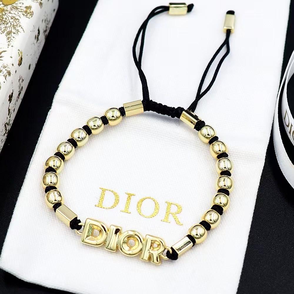 Dior Adjustable Beaded Bracelet – Gold Letter Beads on Black Cord with Logo Accent