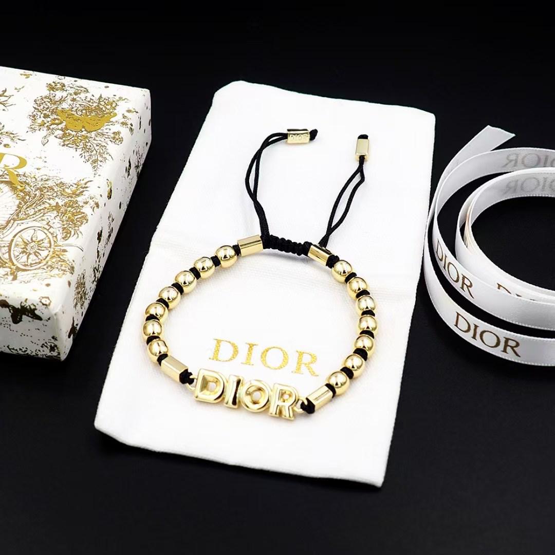 Dior Adjustable Beaded Bracelet – Gold Letter Beads on Black Cord with Logo Accent