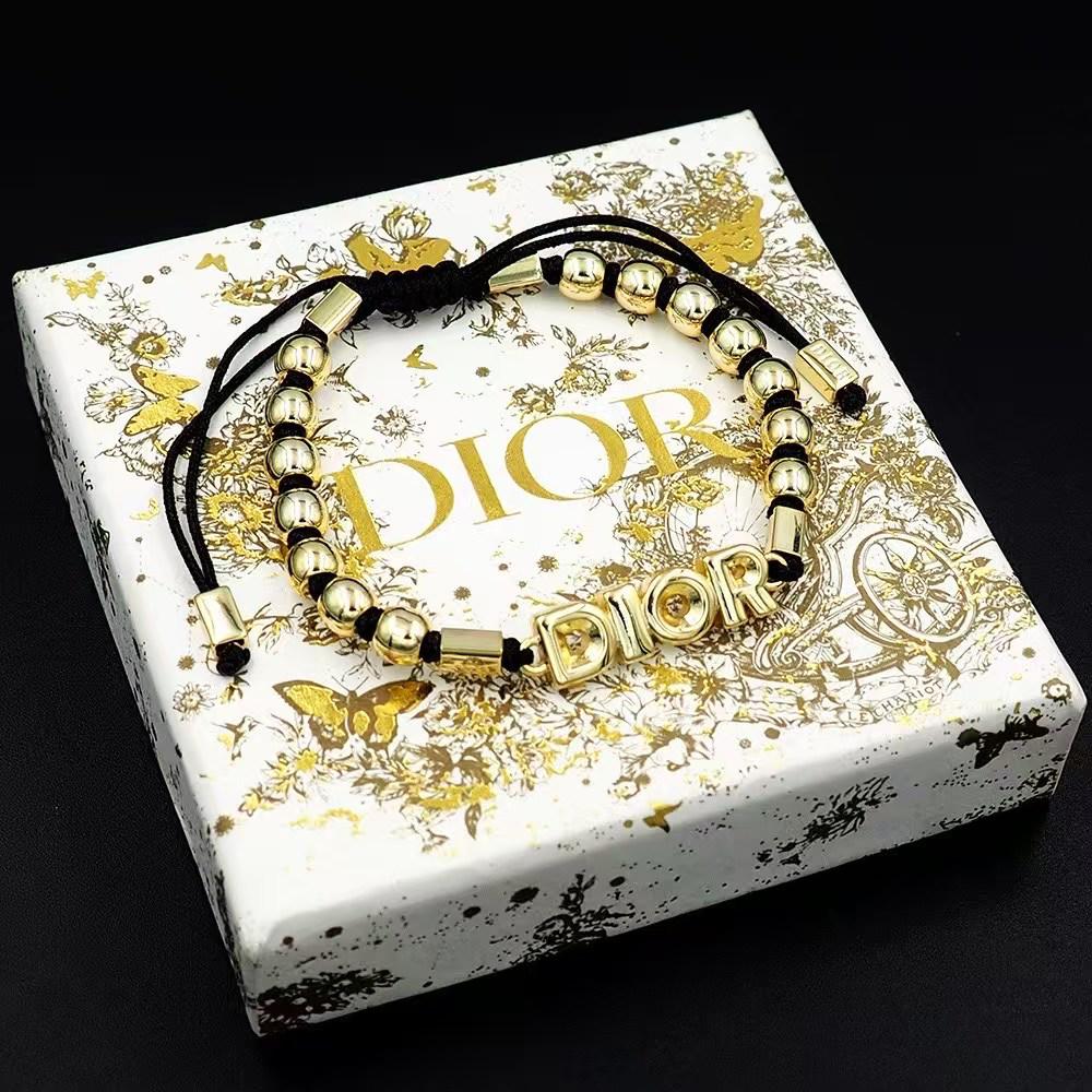 Dior Adjustable Beaded Bracelet – Gold Letter Beads on Black Cord with Logo Accent