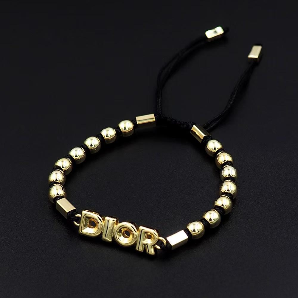 Dior Adjustable Beaded Bracelet – Gold Letter Beads on Black Cord with Logo Accent