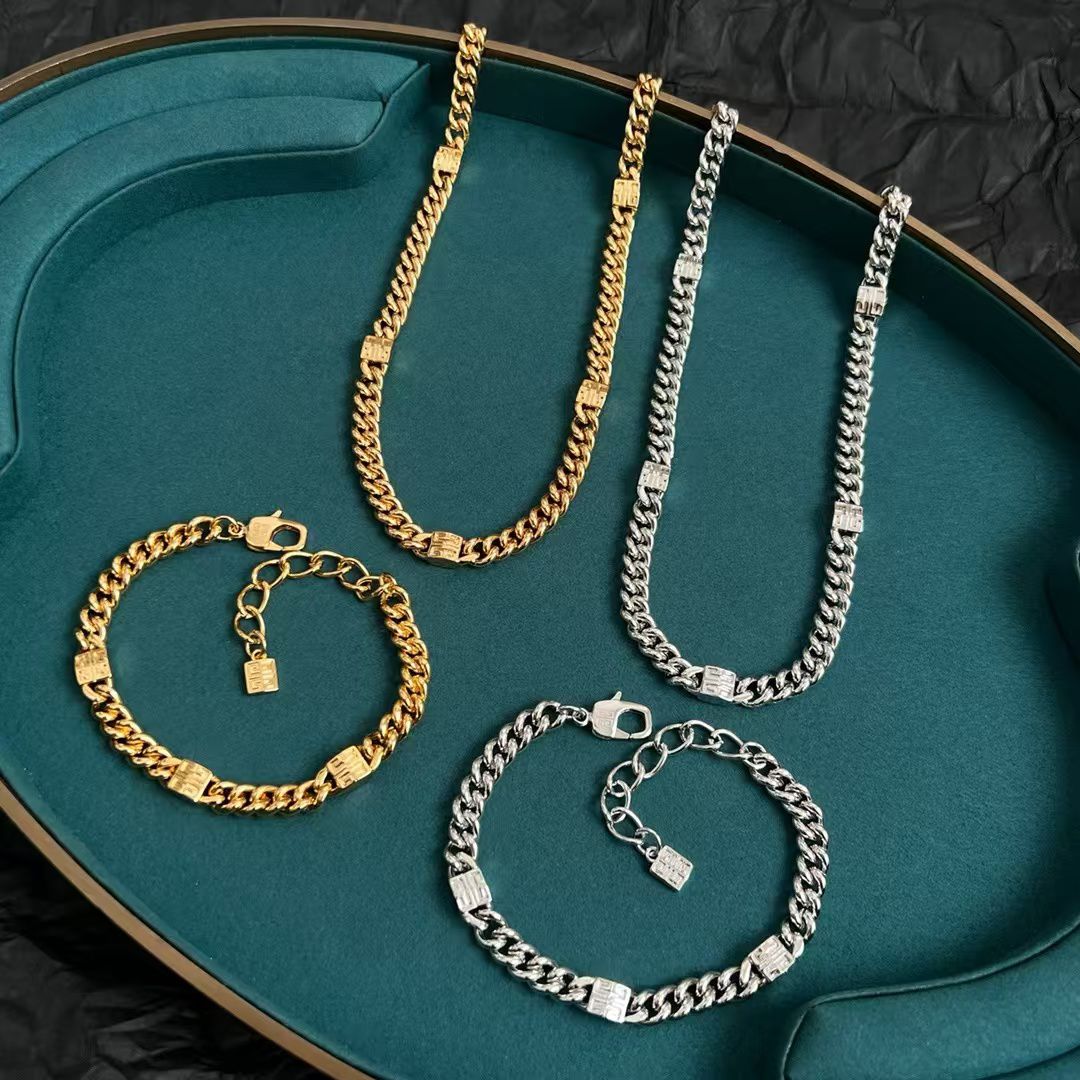 Givenchy Silver Chain Jewelry Set – Curb Link Necklace & Bracelet with Signature Tag