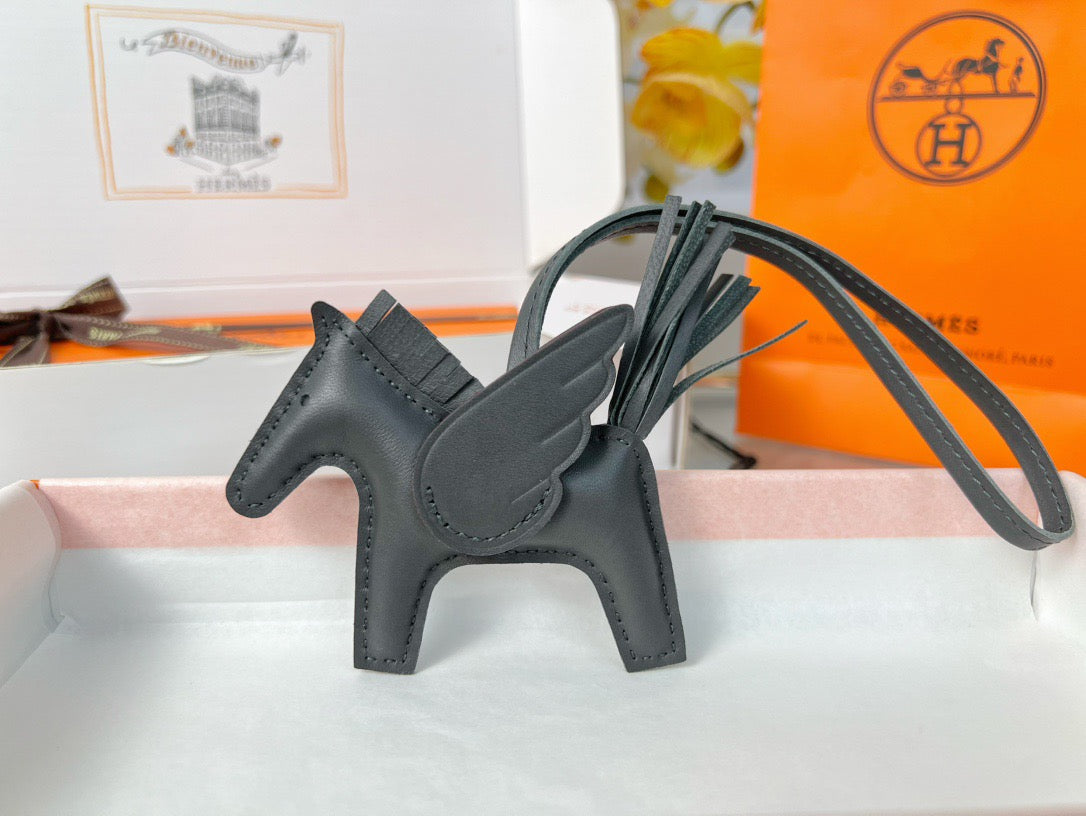 Hermès Rodeo Pegasus Touch Charm – Dark Gray Leather with Signature Packaging