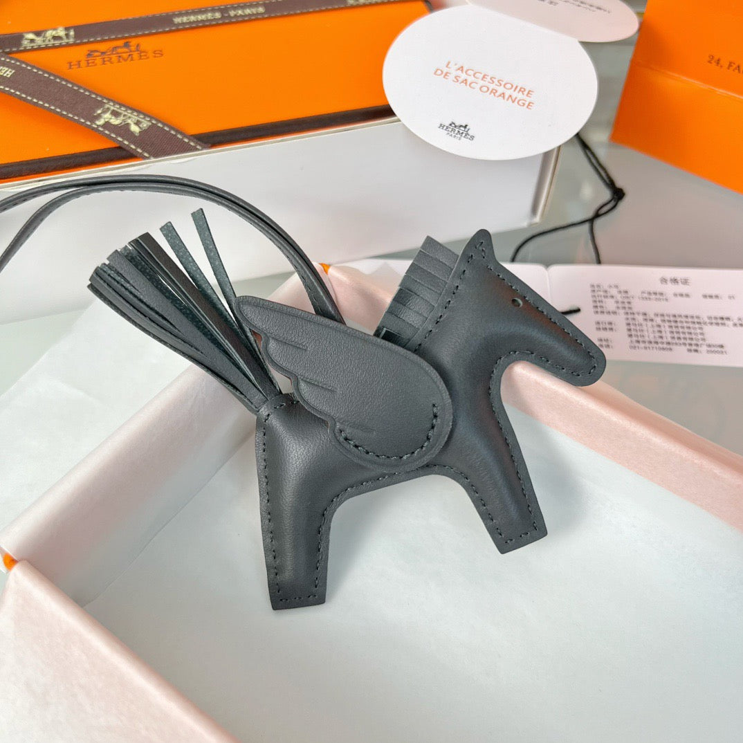 Hermès Rodeo Pegasus Touch Charm – Dark Gray Leather with Signature Packaging