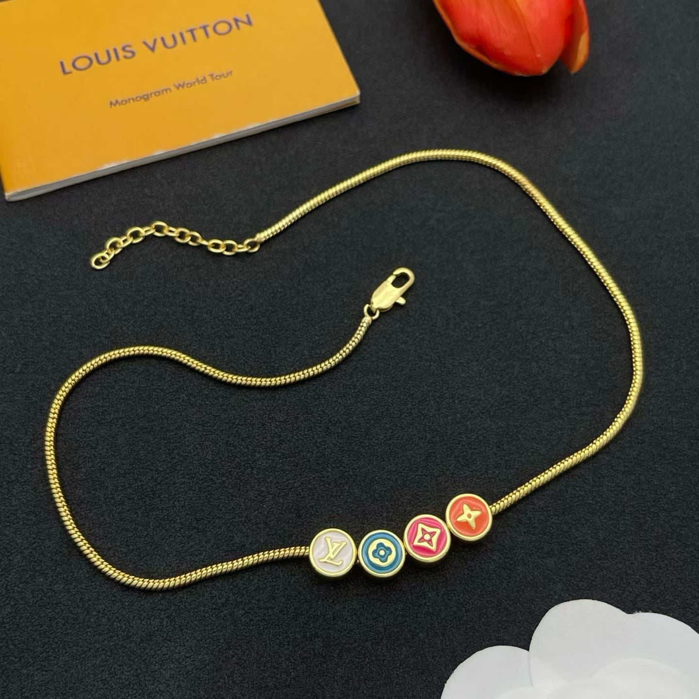 Louis Vuitton Monogram World Tour Necklace – Mixed Metal Chains with Colorful LV Charms