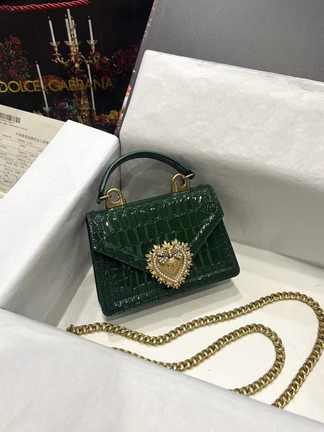 Dolce & Gabbana Devotion Handbag – Crocodile & Snakeskin Textures with Gold Heart Emblem