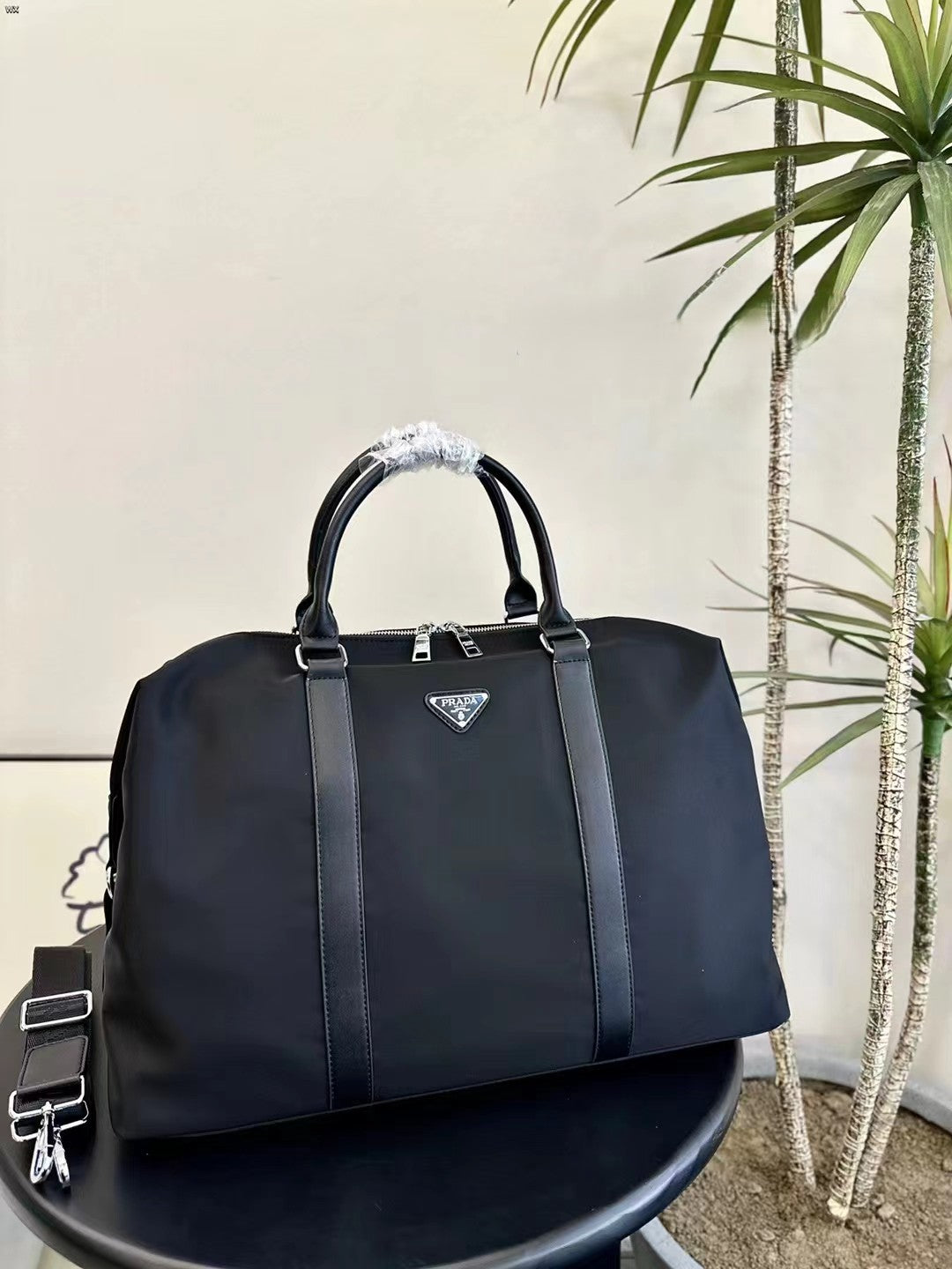 Prada Nylon Duffle Bag Size 47cm – Structured Design with Leather Accents & Silver Hardware