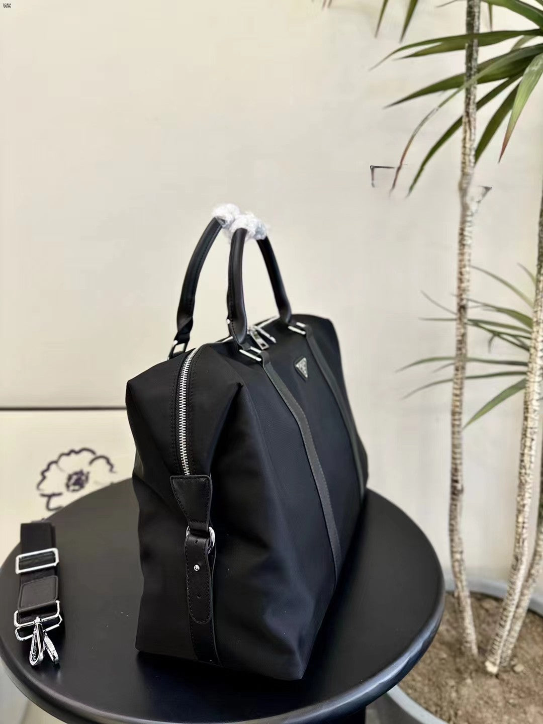 Prada Nylon Duffle Bag Size 47cm – Structured Design with Leather Accents & Silver Hardware