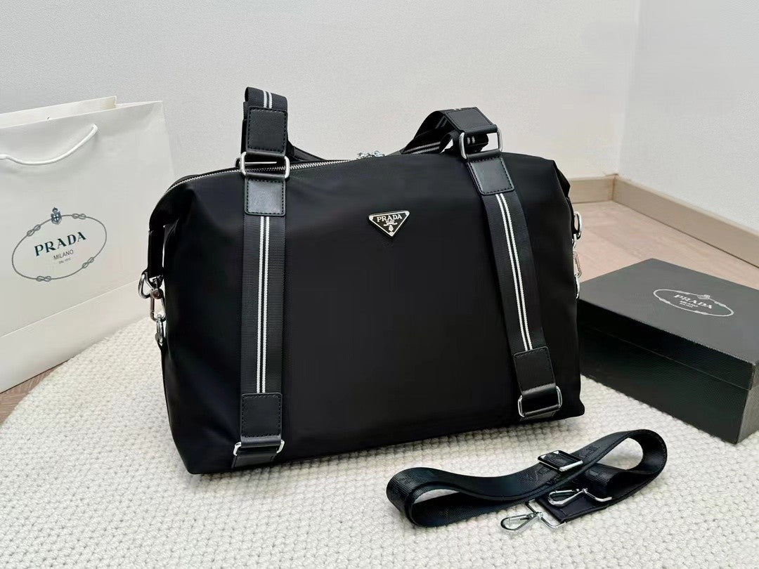 Prada Nylon Handbag – Dual Stripe Design with Silver Hardware & Detachable Strap