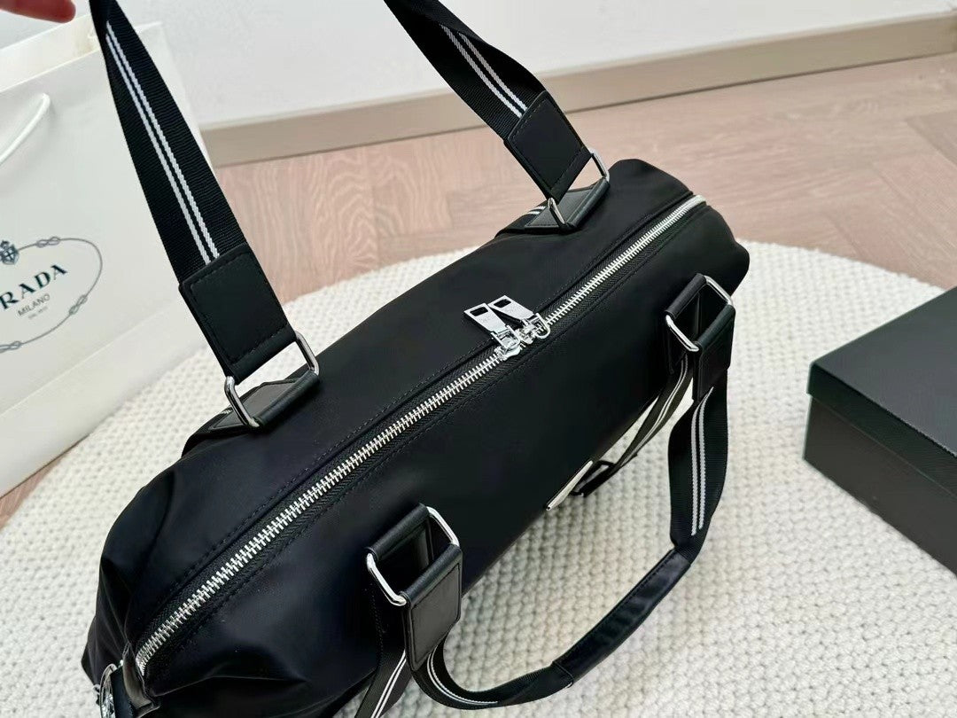 Prada Nylon Handbag – Dual Stripe Design with Silver Hardware & Detachable Strap