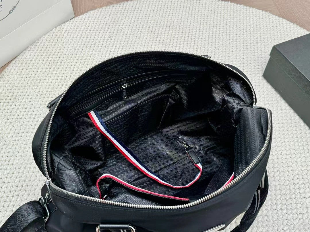 Prada Nylon Handbag – Dual Stripe Design with Silver Hardware & Detachable Strap