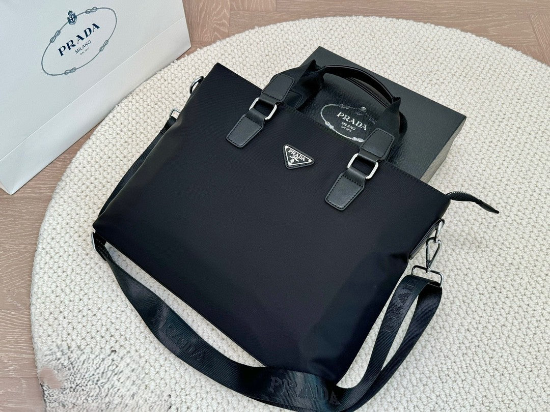 Prada Nylon Handbag – Dual Handle with Silver Hardware & Detachable Strap